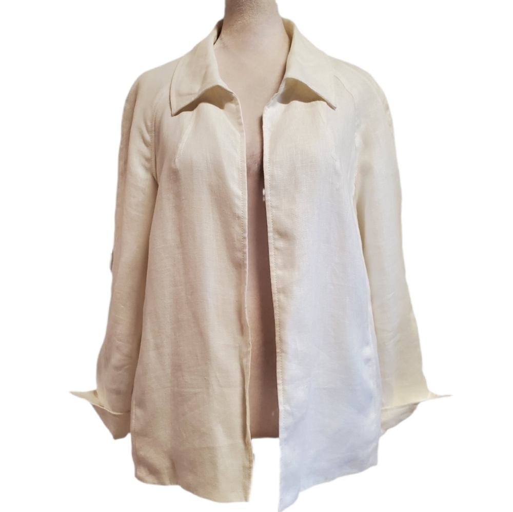 Talbots Y2K 100% white Irish Linen open front collared blazer jacket L